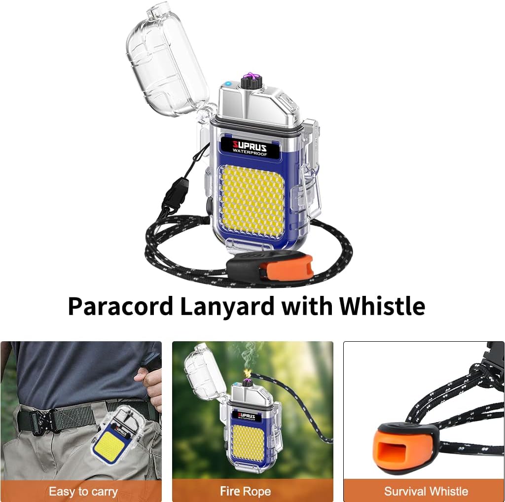 SUPRUS Waterproof 3 Modes of Flashlight Windproof Lighter Dual Arc Electric Rechargeable Dual Arc Plasma Lighter with Survival Emergency Whistle and Lanyard (Blue)